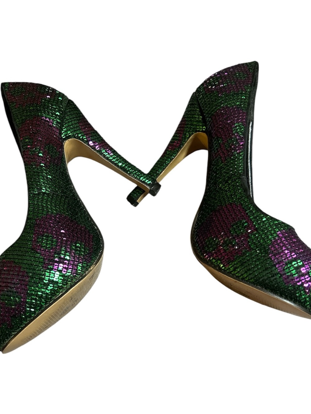 Iron Fist Green & Purple Sequin Skull Heels - Picture 2 of 6
